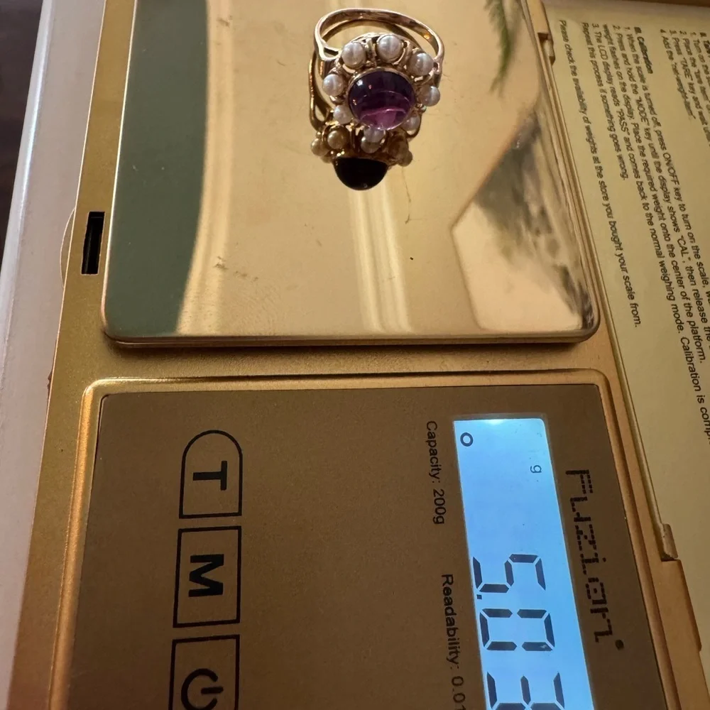 Amethyst Cabochon & Pearl 14k Gold Ring